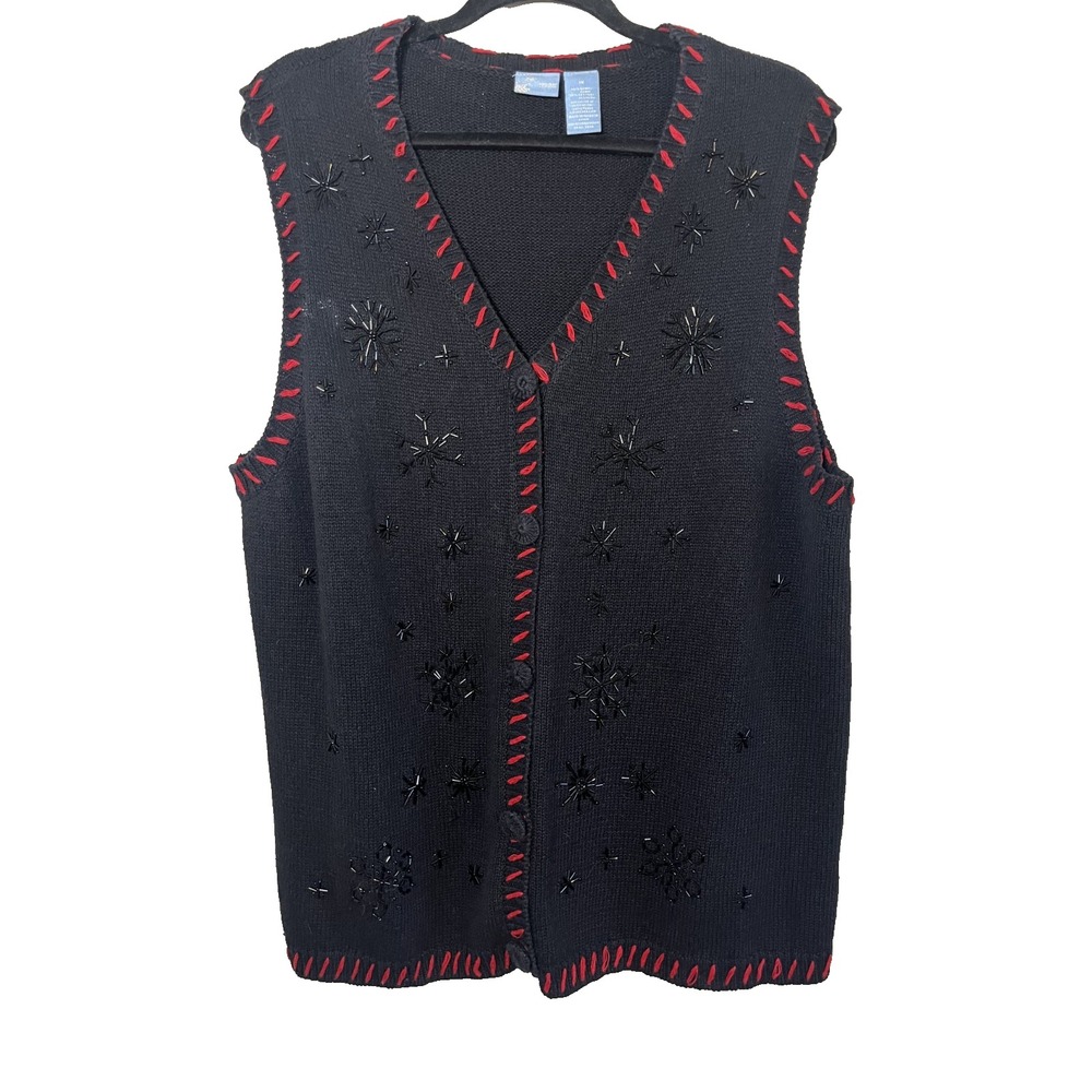 Neutral Beaded Christmas Knit Sweater Vest 1X Festive Holiday Classic Grandma